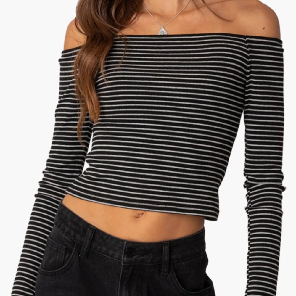 EDIKTED Black and White Stripe Off-the-Shoulder Ribbed Crop Top – Size S, NEW